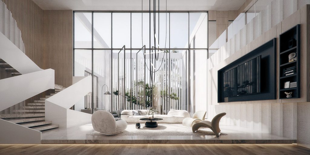 Casa monocromática moderna con terraza y escalones tranquilos y acogedores